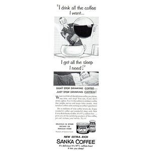 1953 Sanka Decaf Coffee Vintage Print Ad Man Business Suit Giant Pot Wall Art
